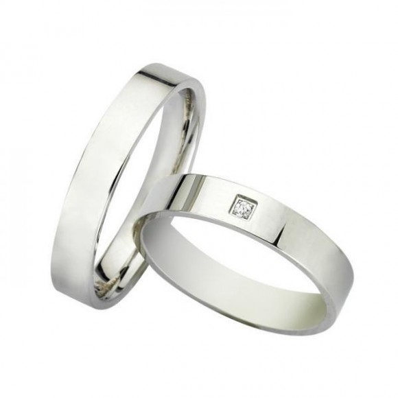 Ζευγάρι βέρες Bonise, λευκόχρυσες 9 καρατίων, η γυναικεία με πέτρα ζιργκόν. Σχέδιο wdp4ba