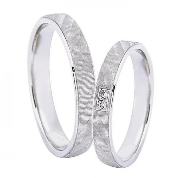 Ζευγάρι βέρες Dekagold, λευκόχρυσες 9 καρατίων, η γυναικεία με διαμάντι. Σχέδιο f3660 