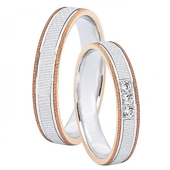 Ζευγάρι βέρες Dekagold, δίχρωμες από ροζ χρυσό και λευκόχρυσο 14 καρατίων, η γυναικεία με διαμάντι. Σχέδιο gd226-f1827