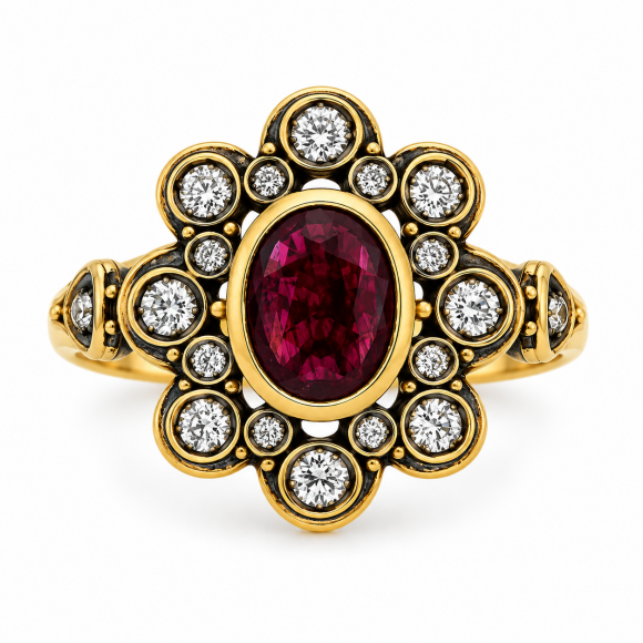 Δαχτυλίδι vintage 18kt με διαμάντια και ορυκτό ρουμπίνι
