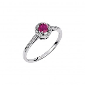 Δαχτυλίδι ροζέτα με στρόγγυλο ορυκτό ρουμπίνι και μπριγιάν-λευκόχρυσο K18