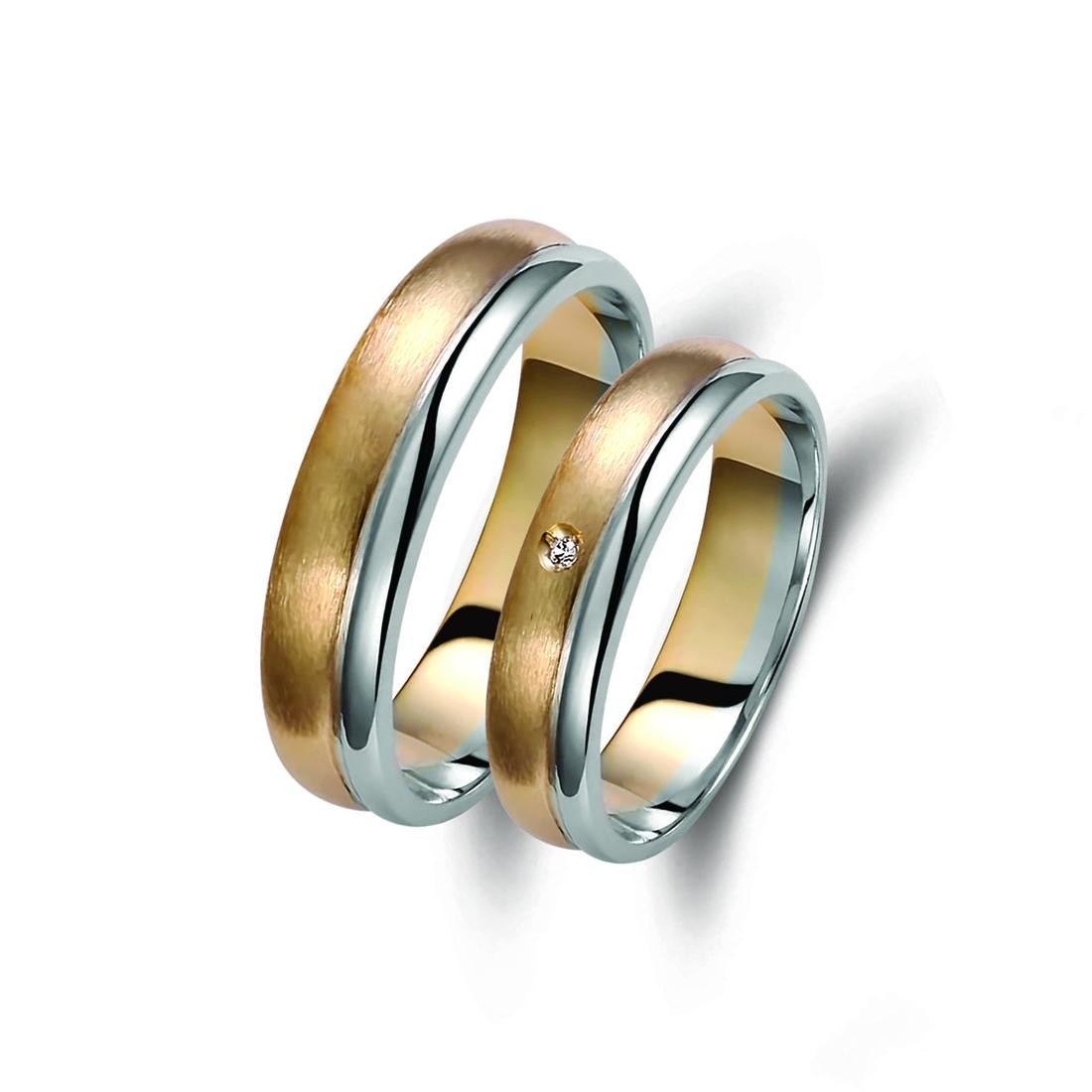 Ζευγάρι βέρες δίχρωμες ροζ χρυσό και λευκόχρυσο 14 καρατίων, η γυναικεία με διαμάντι.Σχέδιο 240p-pa