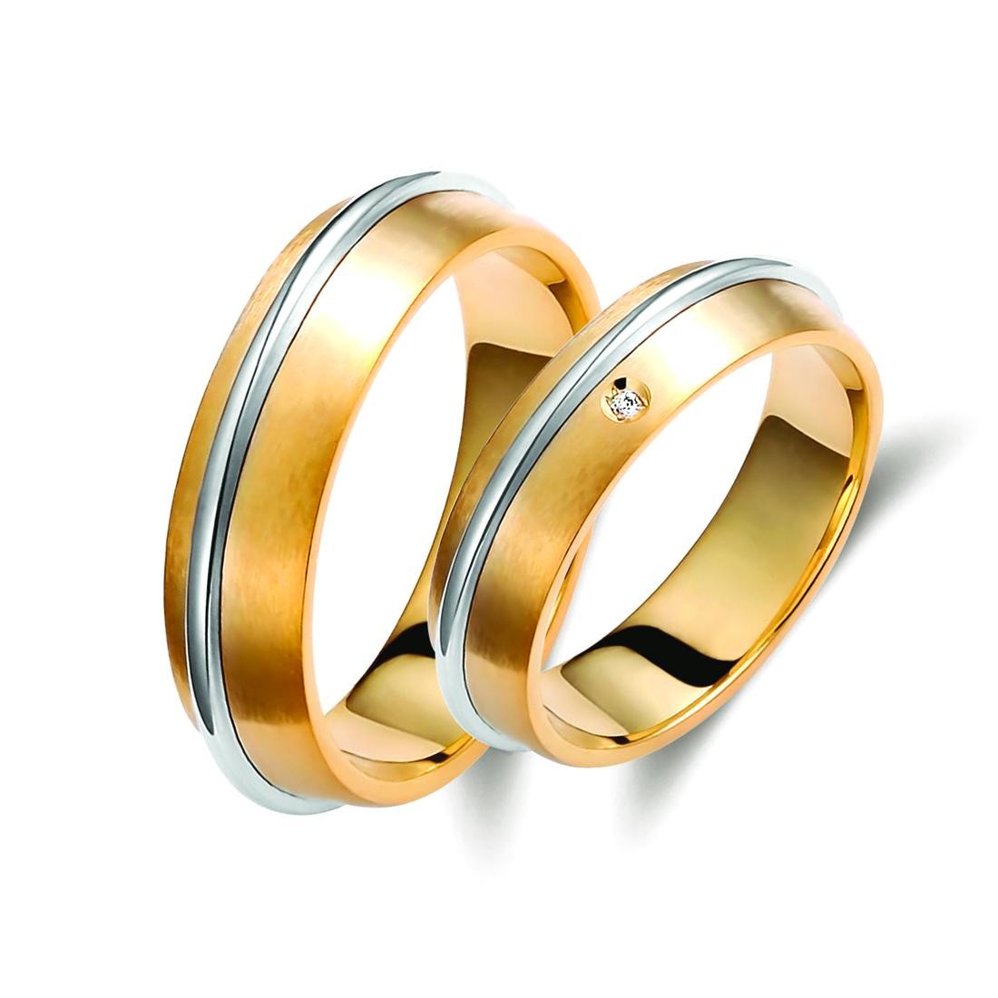 Ζευγάρι βέρες δίχρωμες χρυσό και λευκόχρυσο 14 καρατίων, η γυναικεία με πέτρα ζιργκόν.Σχέδιο 246a-aa 