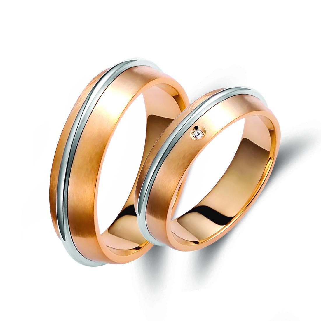 Ζευγάρι βέρες δίχρωμες ροζ χρυσό και λευκόχρυσο 14 καρατίων, η γυναικεία με πέτρα ζιργκόν.Σχέδιο 246p-pa