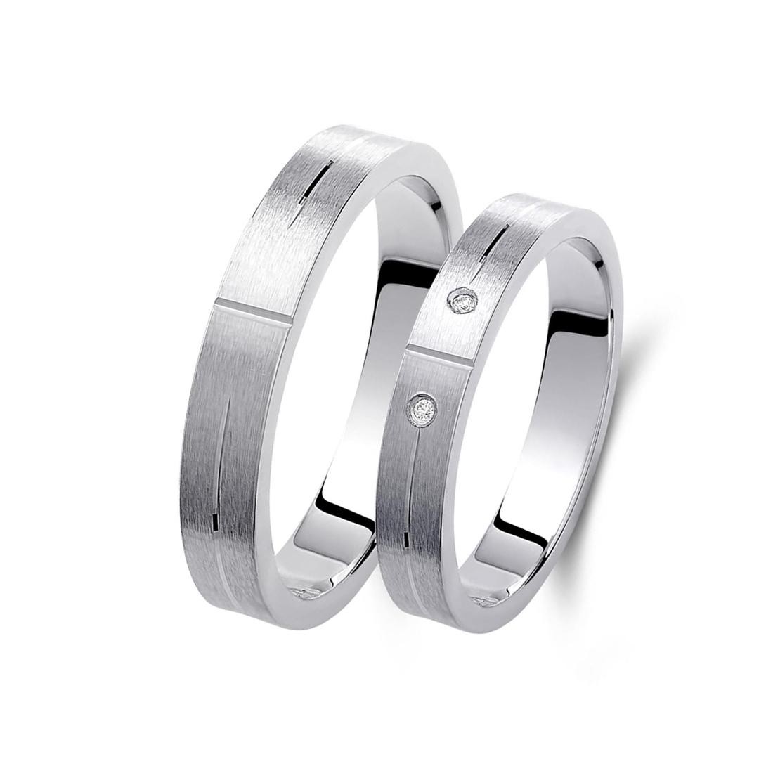 Ζευγάρι βέρες λευκόχρυσες 14 καρατίων, η γυναικεία με πέτρα ζιργκόν. Σχέδιο 449b-ba 