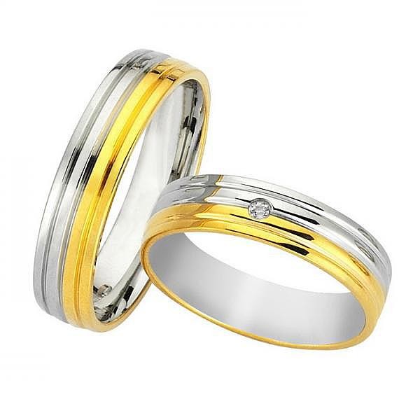 Ζευγάρι βέρες Bonise, δίχρωμες από χρυσό και λευκόχρυσο 14 καρατίων, η γυναικεία με διαμάντι. Σχέδιο wd235250aa 