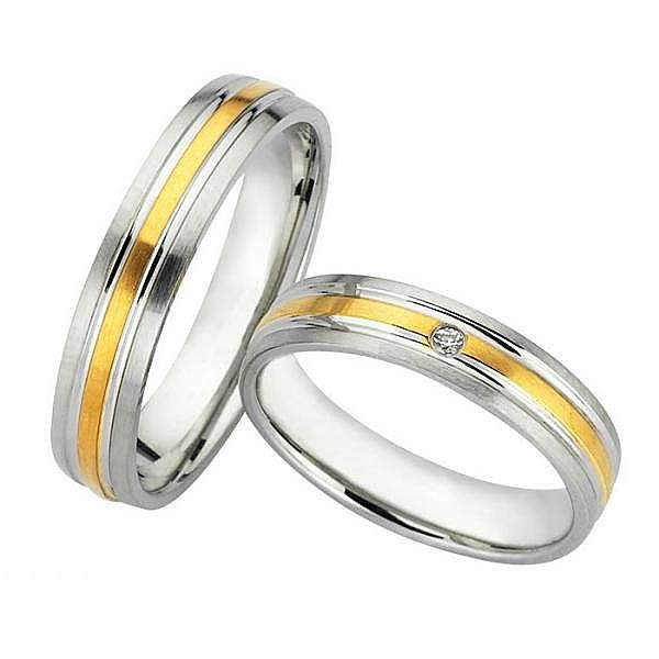 Ζευγάρι βέρες Bonise, δίχρωμες από χρυσό και λευκόχρυσο 14 καρατίων, η γυναικεία με διαμάντι. Σχέδιο wd236045 