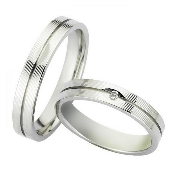 Ζευγάρι βέρες Bonise, λευκόχρυσες 14 καρατίων, η γυναικεία με πέτρα ζιργκόν. Σχέδιο wd239640be