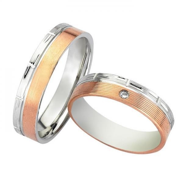 Ζευγάρι βέρες Bonise, δίχρωμες από ροζ χρυσό και λευκόχρυσο 14 καρατίων,η γυναικεία με πέτρα ζιργκόν. Σχέδιο wd400150ee 