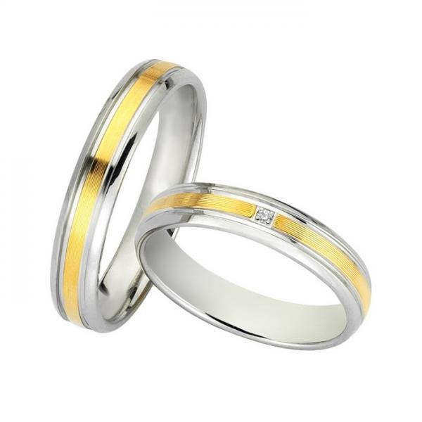 Ζευγάρι βέρες Bonise, δίχρωμες από χρυσό και λευκόχρυσο 14 καρατίων, η γυναικεία με πέτρα ζιργκόν. Σχέδιο wd412242le 